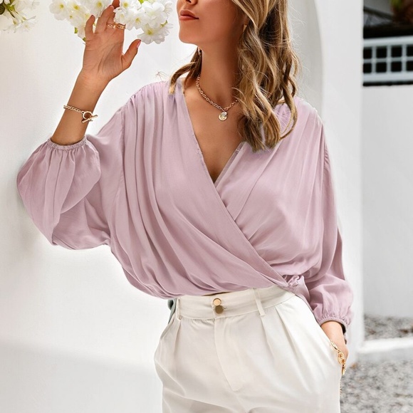 Dusty blue Satin silky lantern sleeve surplice Top - Picture 7 of 7